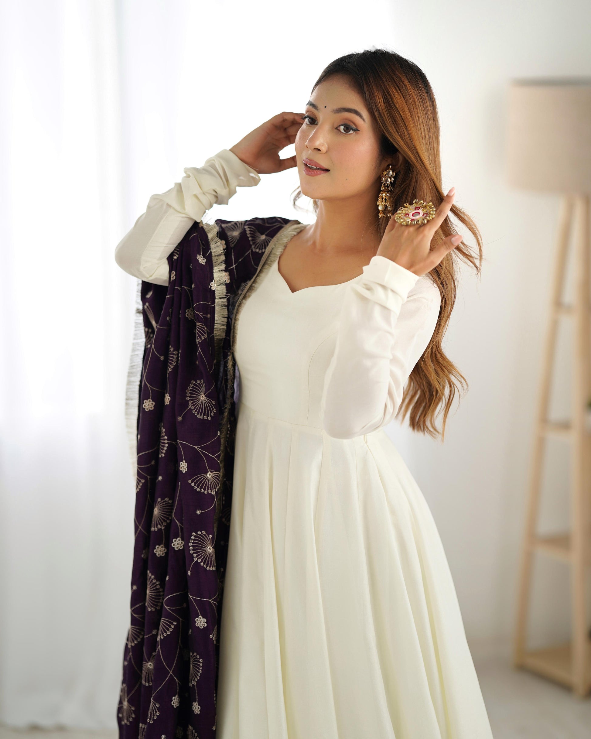 White Vichitra Silk Flared Anarkali - Shopaholics Choice