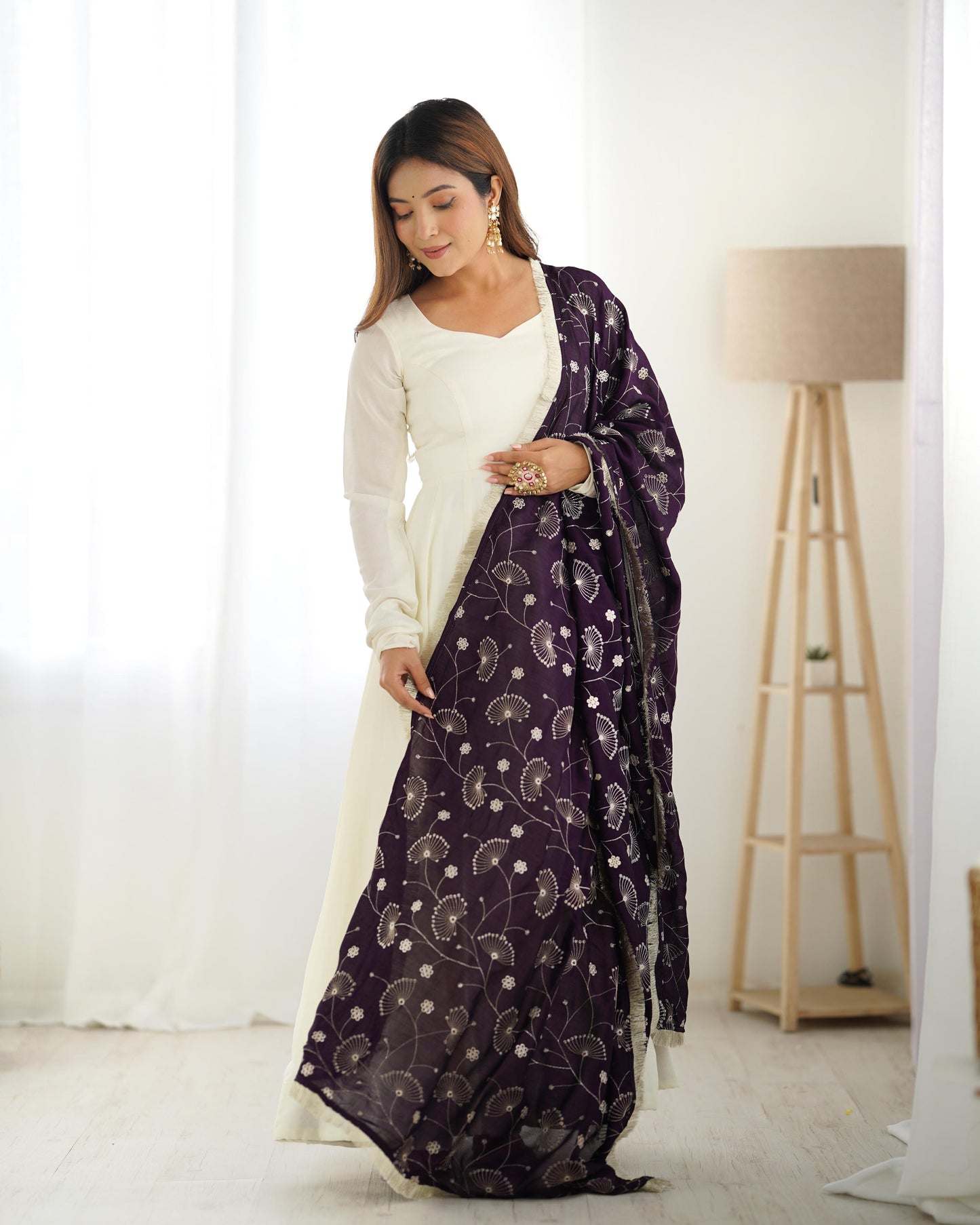 White Vichitra Silk Flared Anarkali - Shopaholics Choice