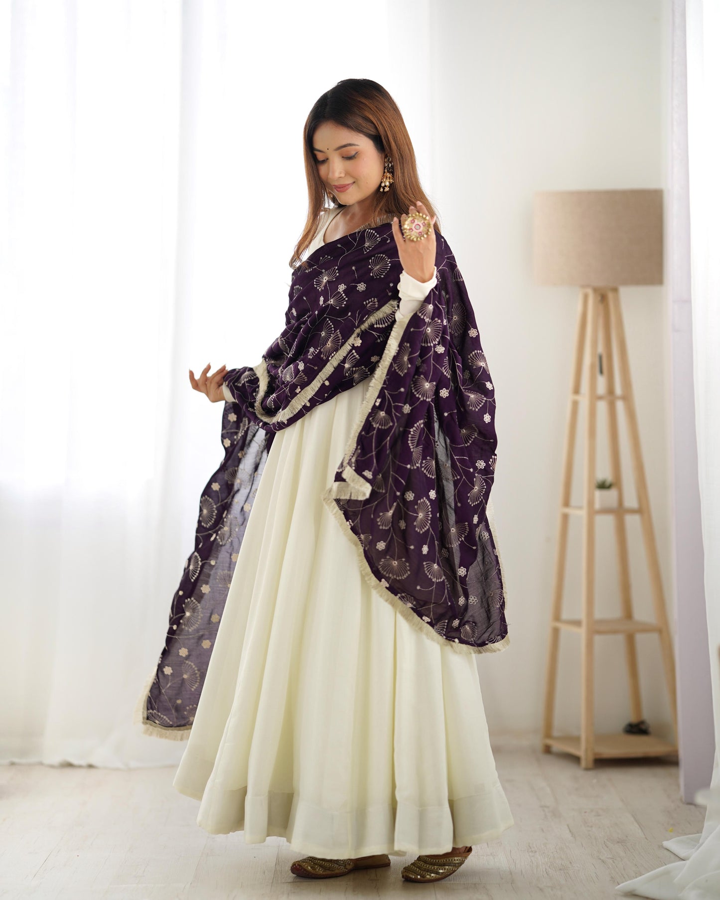 White Vichitra Silk Flared Anarkali - Shopaholics Choice