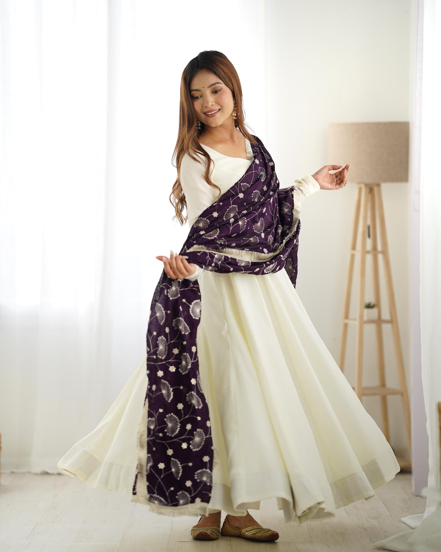 White Vichitra Silk Flared Anarkali - Shopaholics Choice