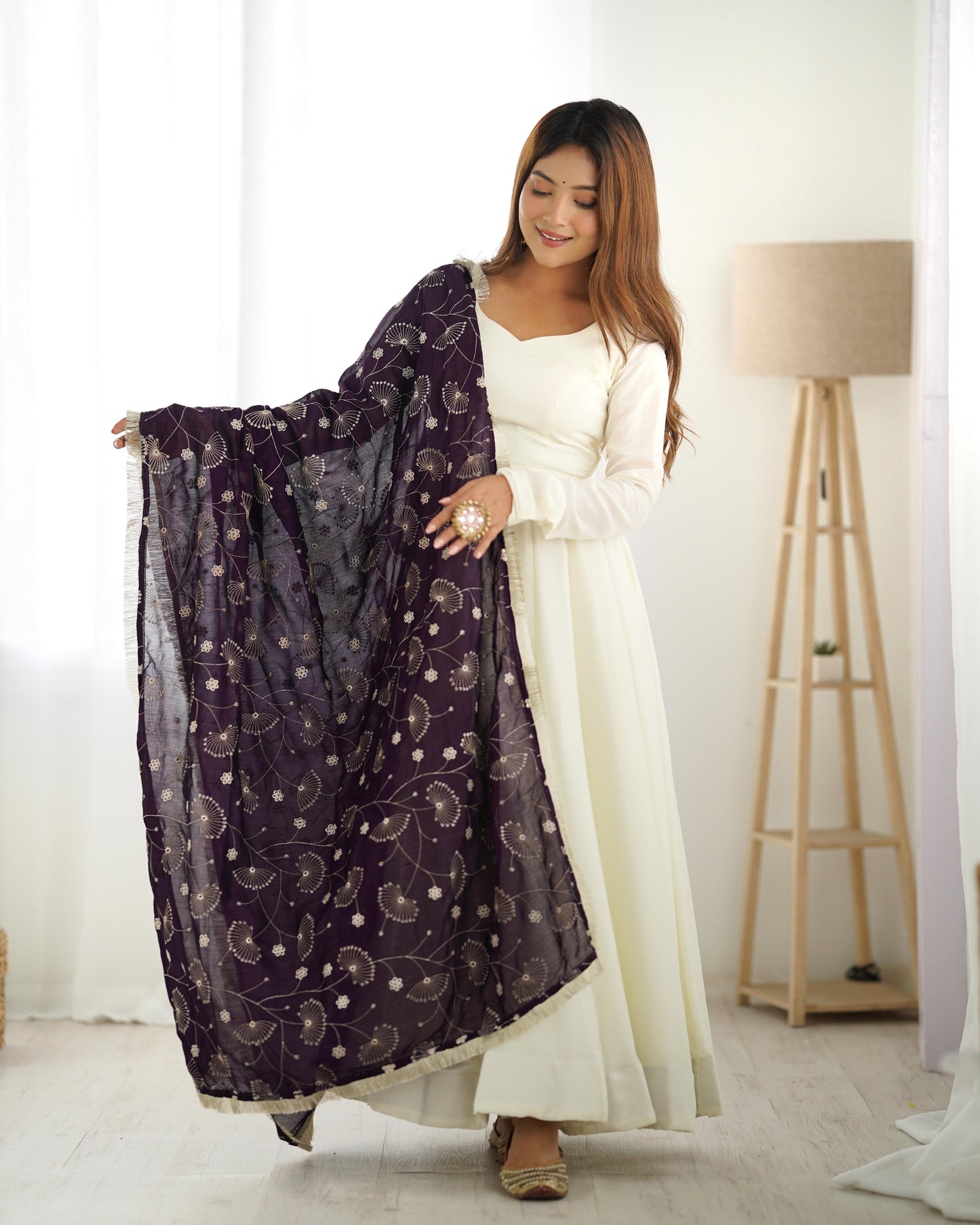 White Vichitra Silk Flared Anarkali - Shopaholics Choice