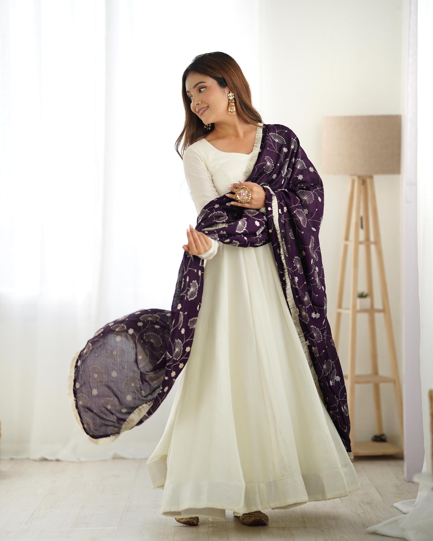 White Vichitra Silk Flared Anarkali - Shopaholics Choice
