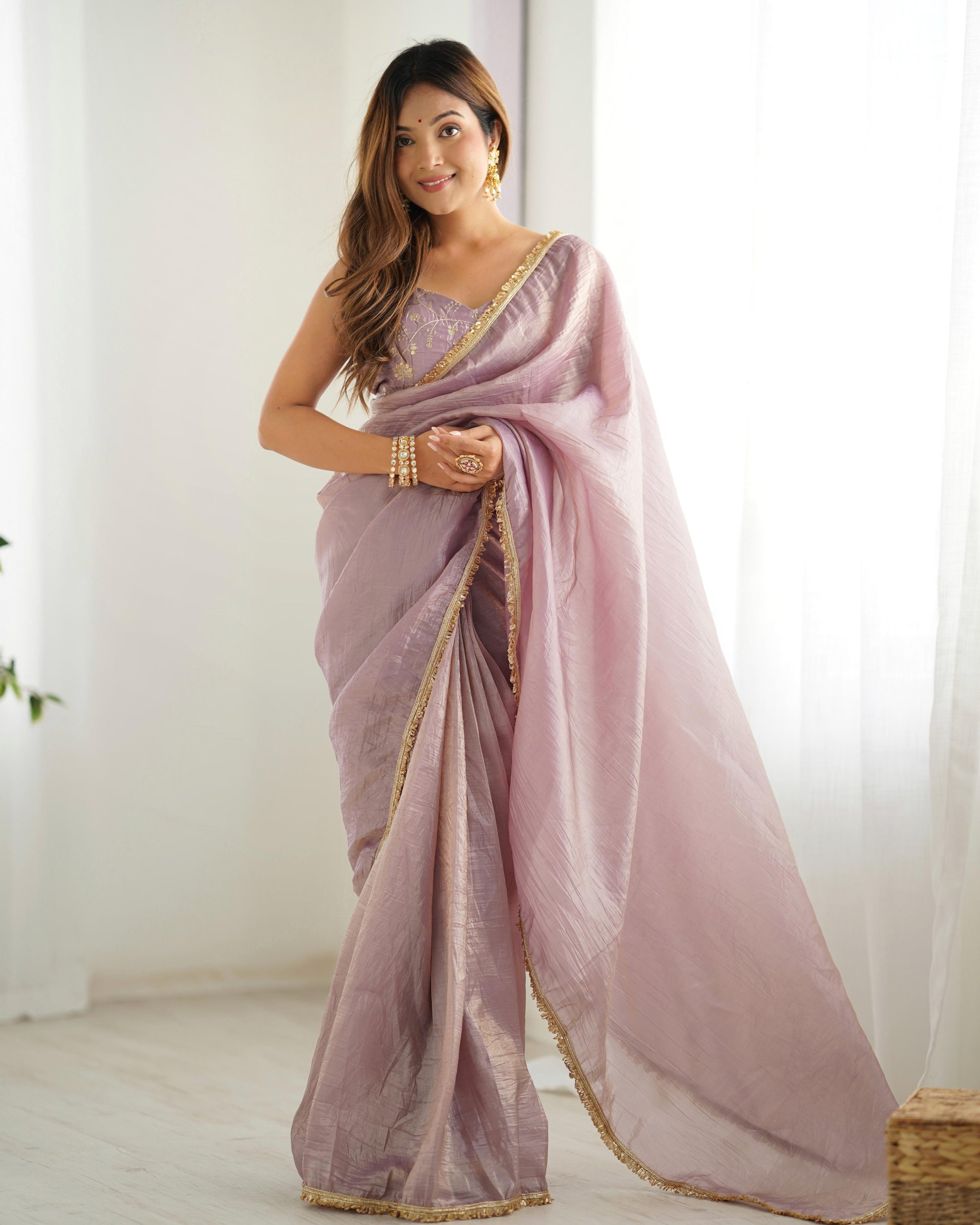 Solid Colour Tissue Silk Stitched Saree - Shopaholics Choice