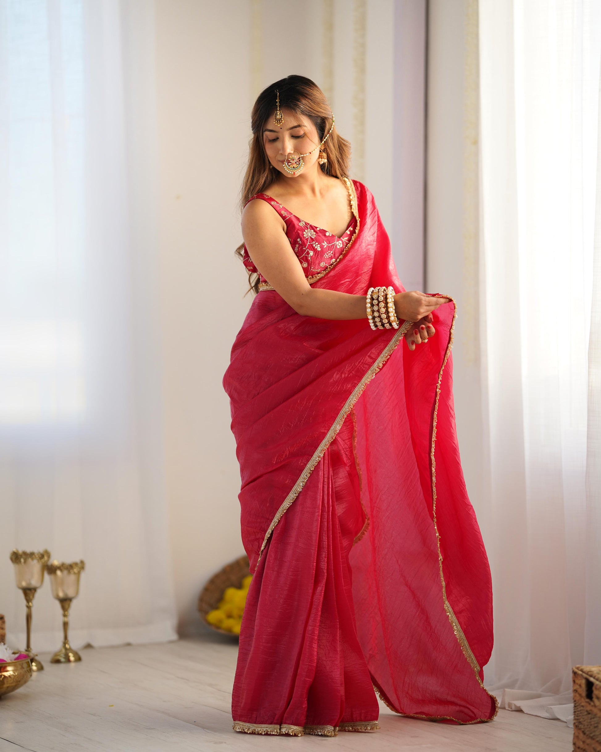 Solid Colour Tissue Silk Stitched Saree - Shopaholics Choice