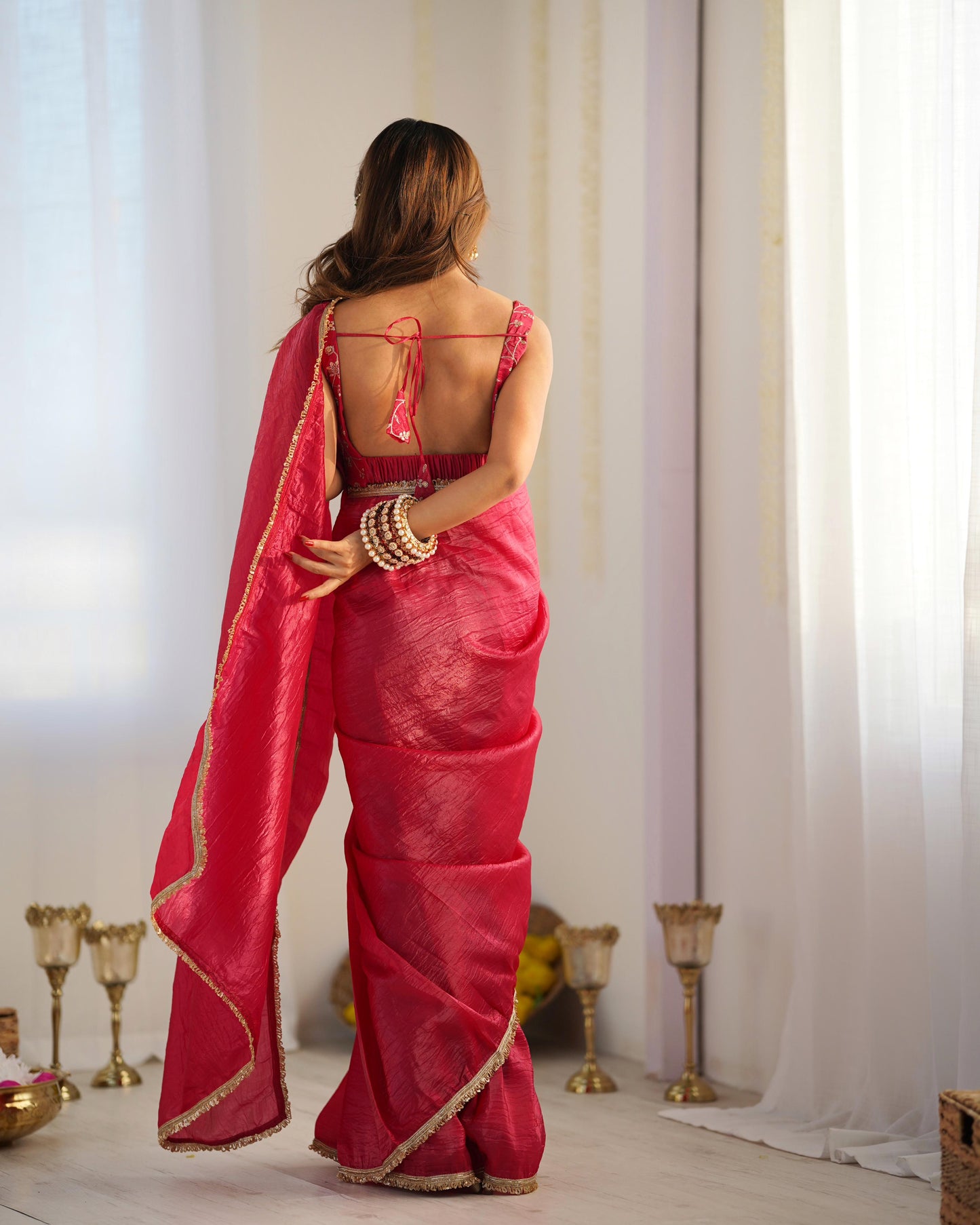 Solid Colour Tissue Silk Stitched Saree - Shopaholics Choice