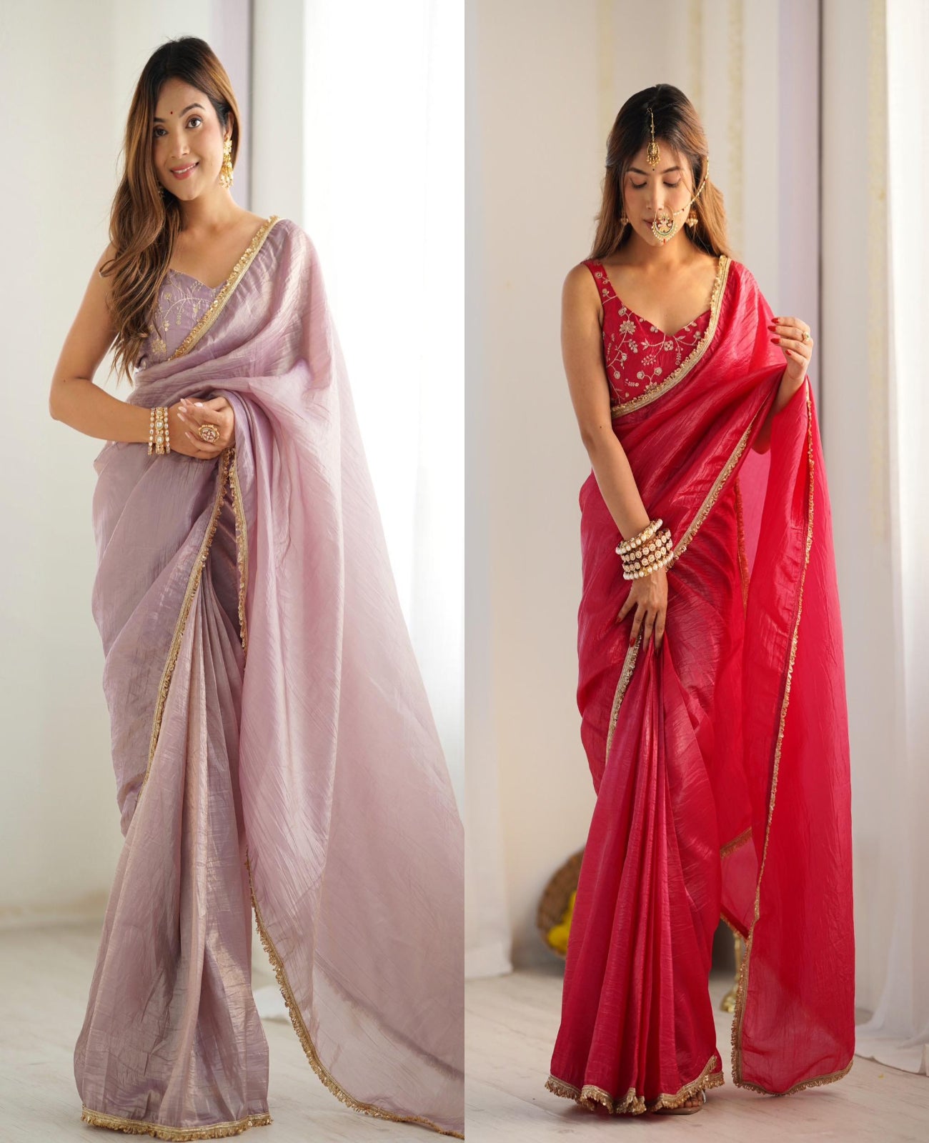 Solid Colour Tissue Silk Stitched Saree - Shopaholics Choice