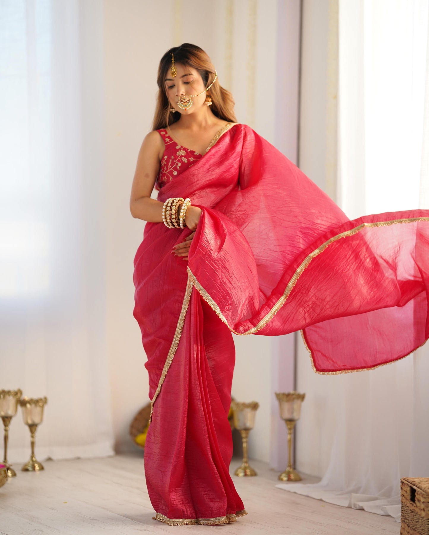 Solid Colour Tissue Silk Stitched Saree - Shopaholics Choice