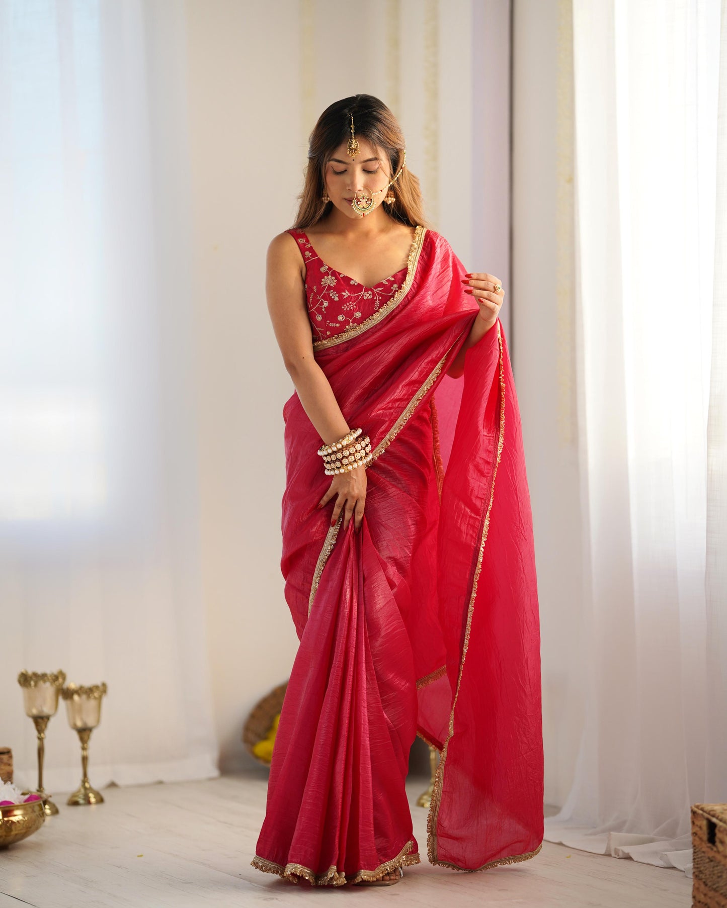 Solid Colour Tissue Silk Stitched Saree - Shopaholics Choice