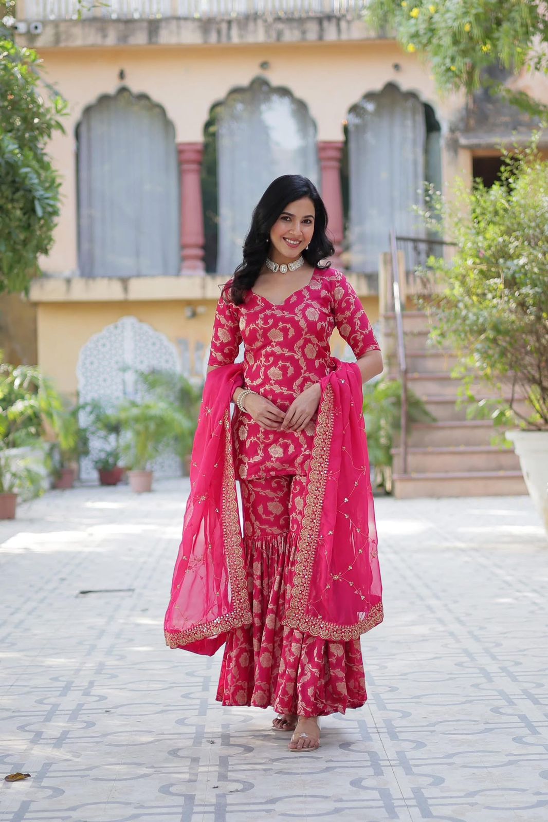 Viscose Georgette Jacquard Sharara Suit - Shopaholics Choice
