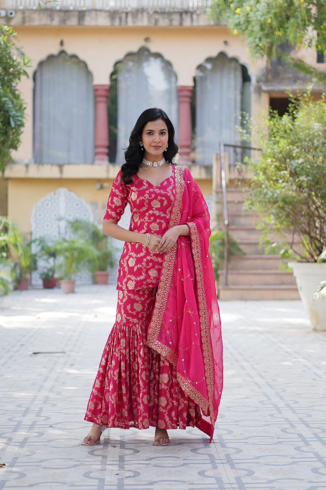 Viscose Georgette Jacquard Sharara Suit - Shopaholics Choice