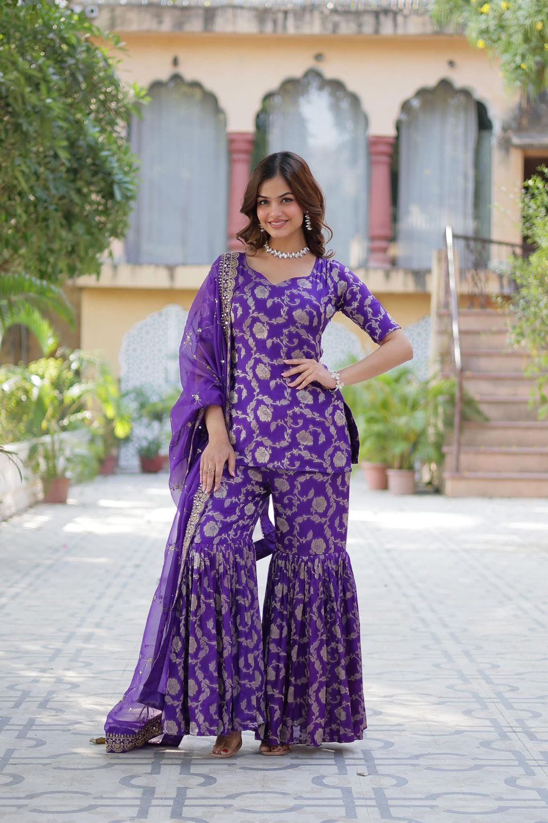 Viscose Georgette Jacquard Sharara Suit - Shopaholics Choice