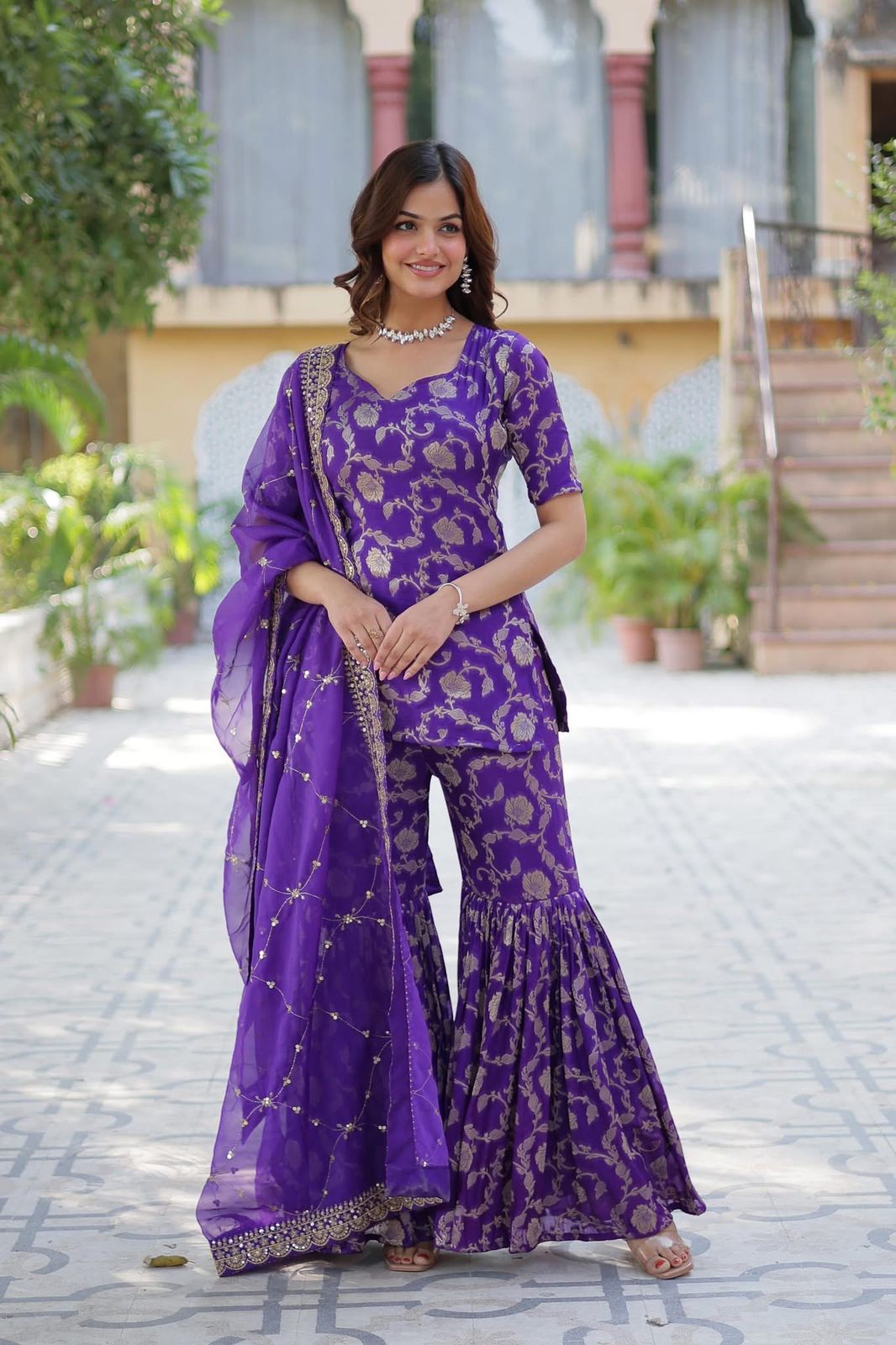 Viscose Georgette Jacquard Sharara Suit - Shopaholics Choice