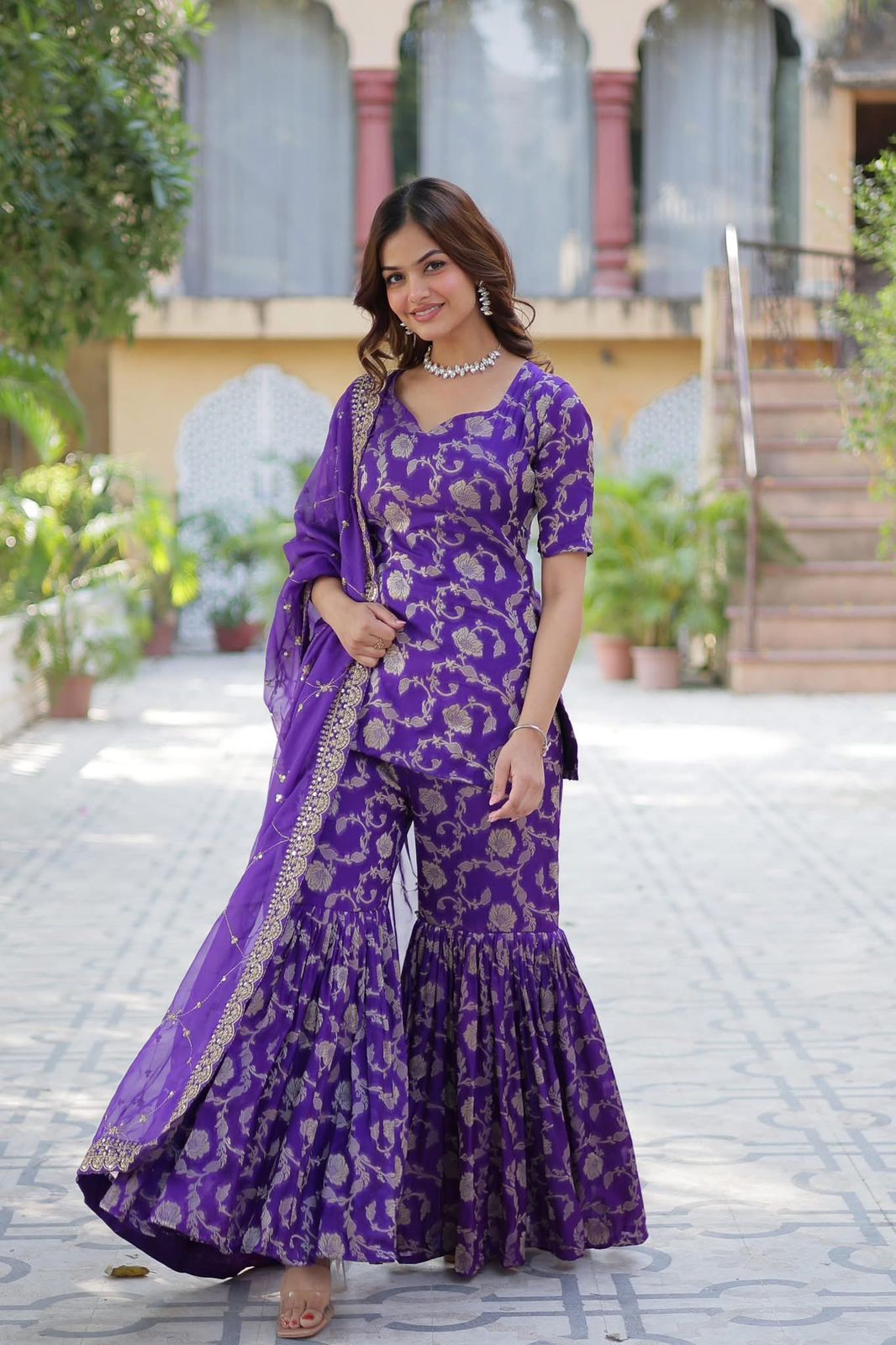 Viscose Georgette Jacquard Sharara Suit - Shopaholics Choice
