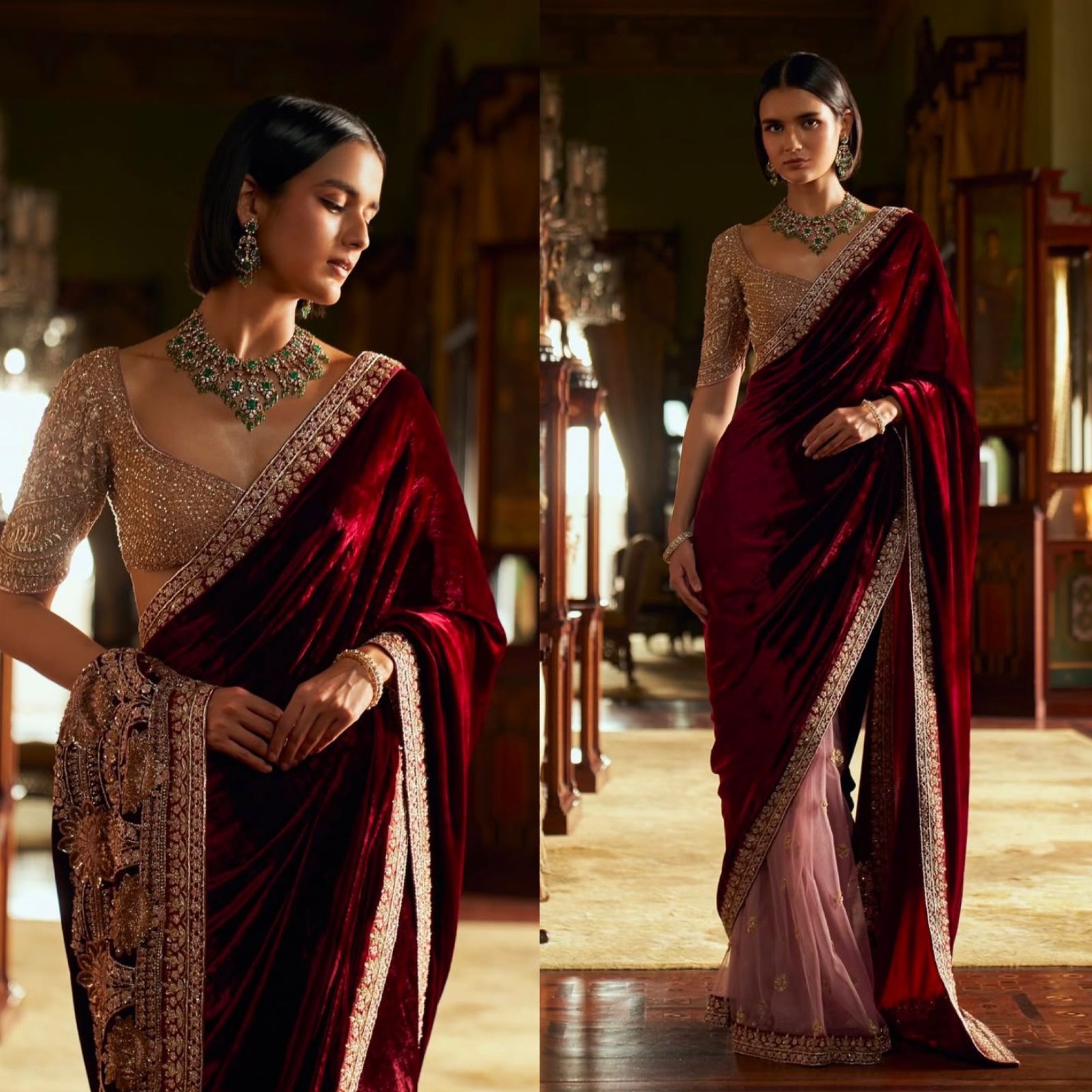 Gorgeous Maroon Velvet-Net Embroidered Saree - Shopaholics Choice