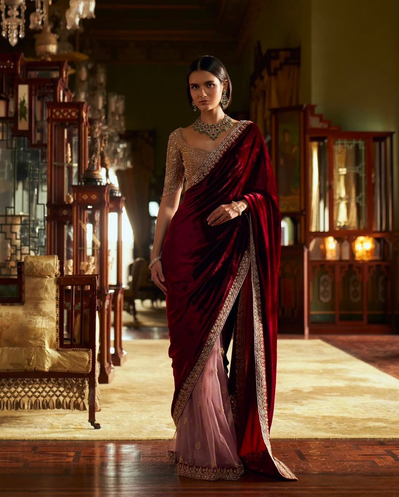 Gorgeous Maroon Velvet-Net Embroidered Saree - Shopaholics Choice