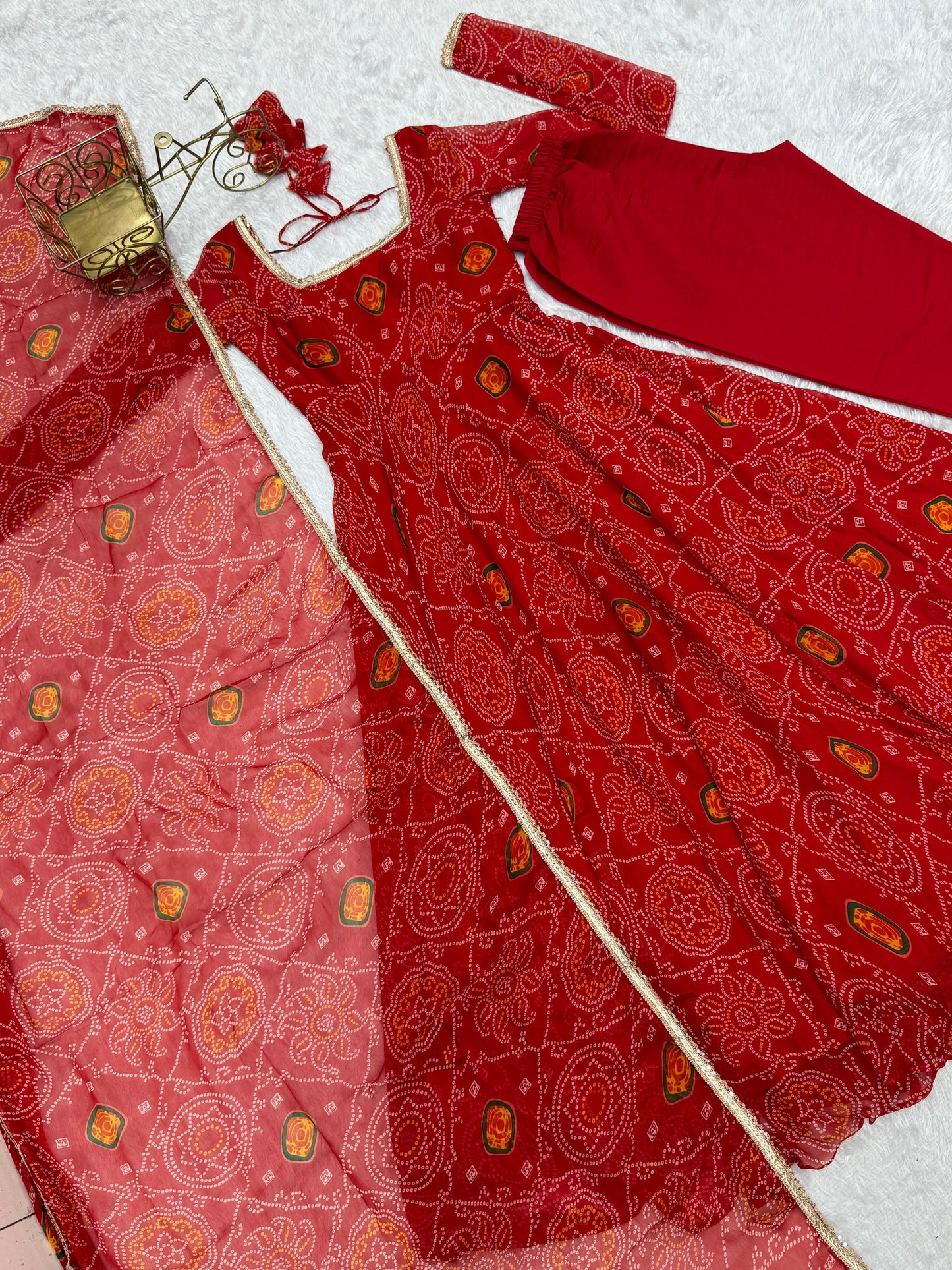 Red Chiffon Bandhani Printed Anarkali Suit - Shopaholics Choice