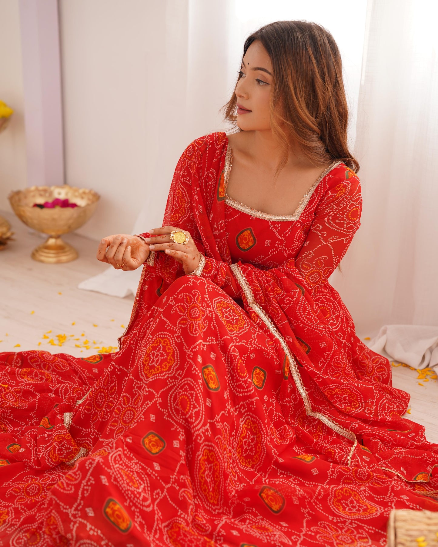 Red Chiffon Bandhani Printed Anarkali Suit - Shopaholics Choice