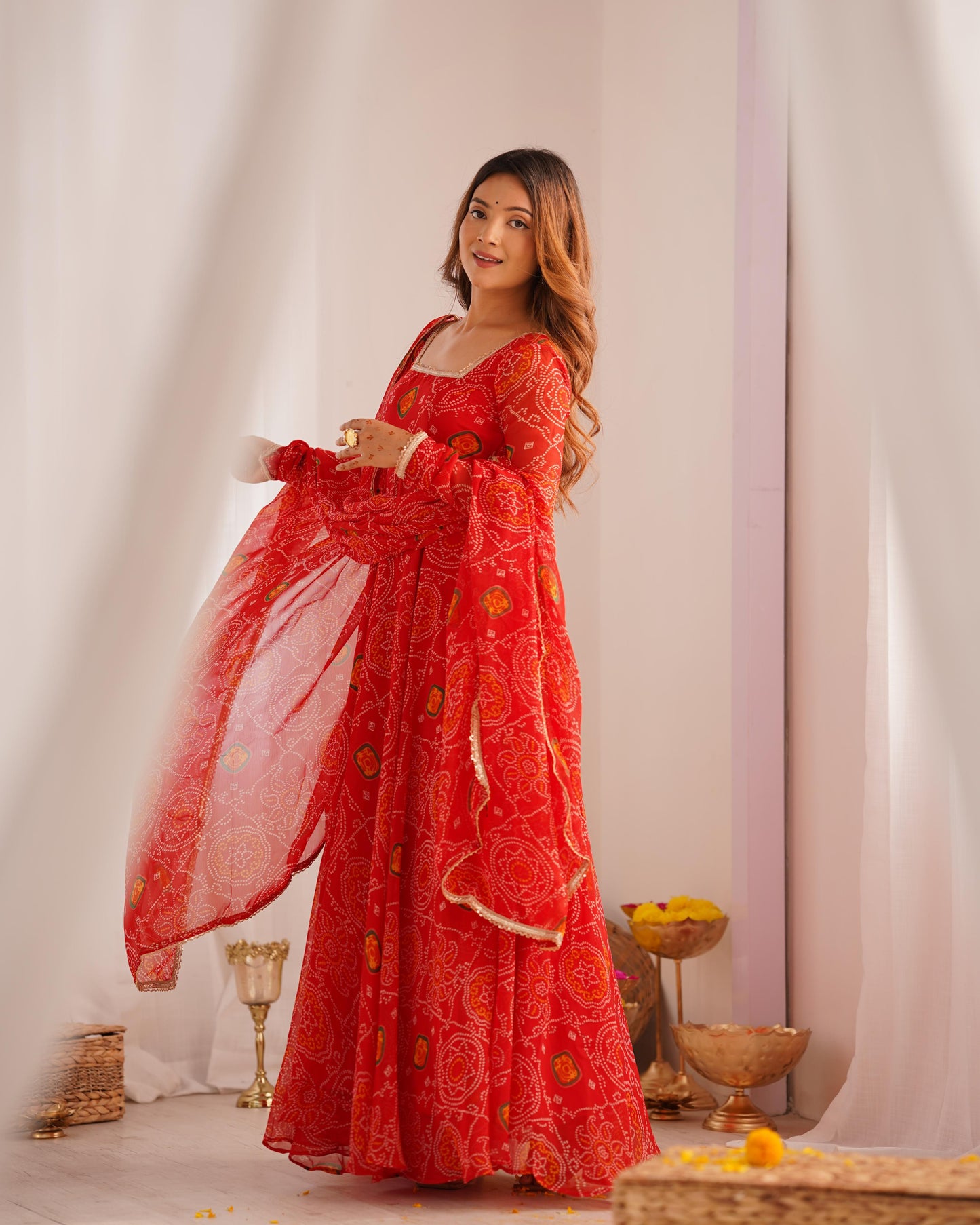 Red Chiffon Bandhani Printed Anarkali Suit - Shopaholics Choice