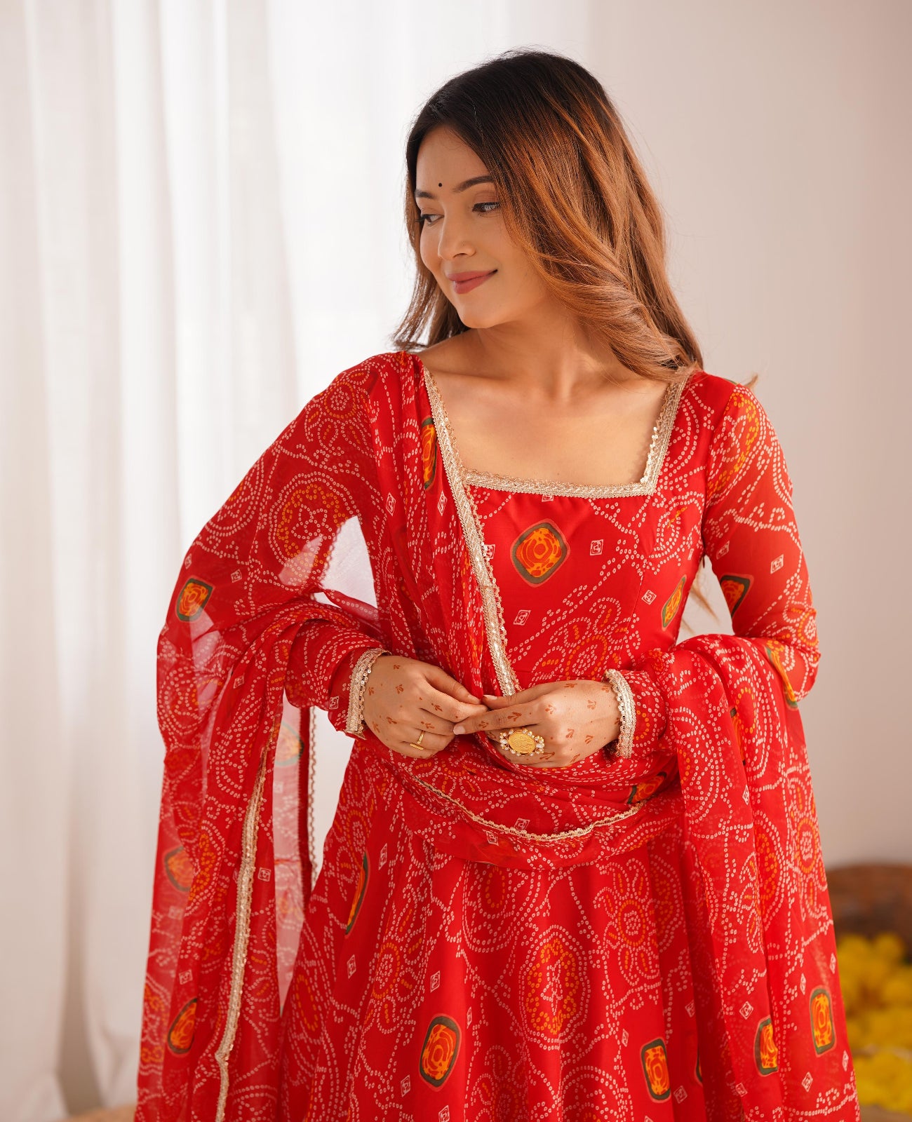 Red Chiffon Bandhani Printed Anarkali Suit - Shopaholics Choice
