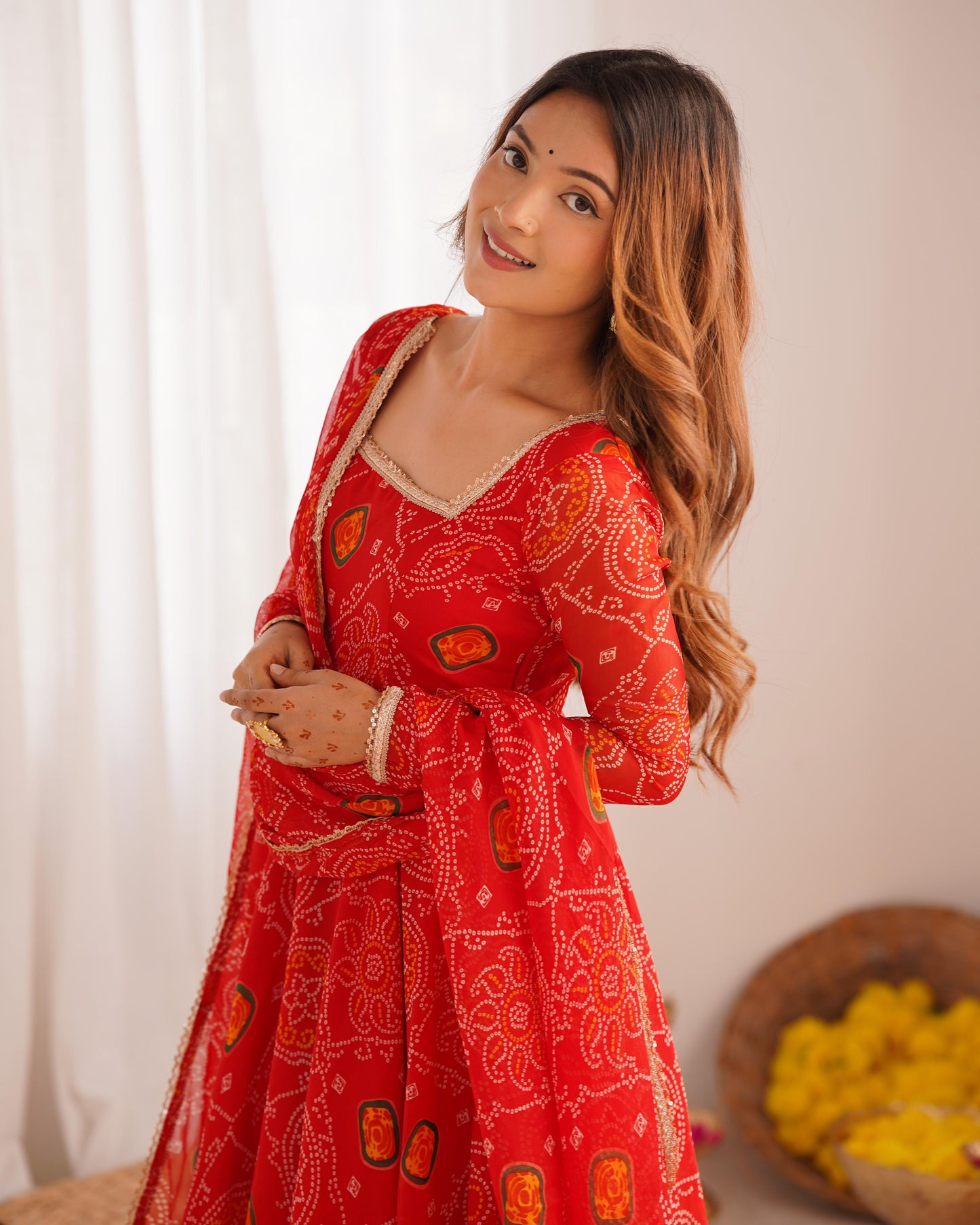 Red Chiffon Bandhani Printed Anarkali Suit - Shopaholics Choice