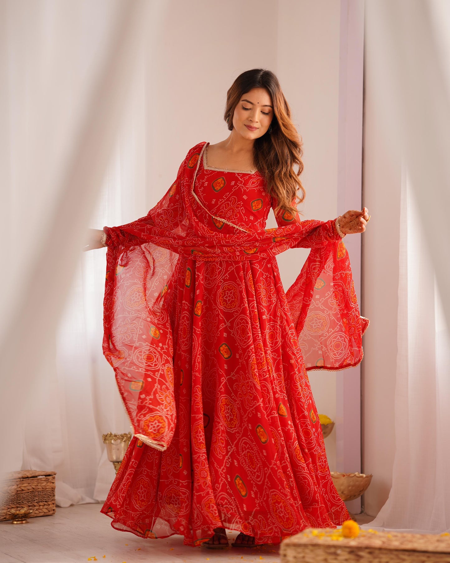 Red Chiffon Bandhani Printed Anarkali Suit - Shopaholics Choice