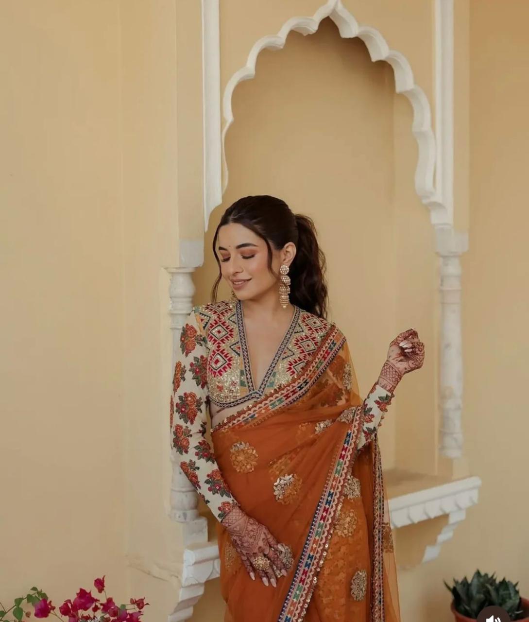 Rust Orange Net-Silk Embroidery Work Saree - Shopaholics Choice