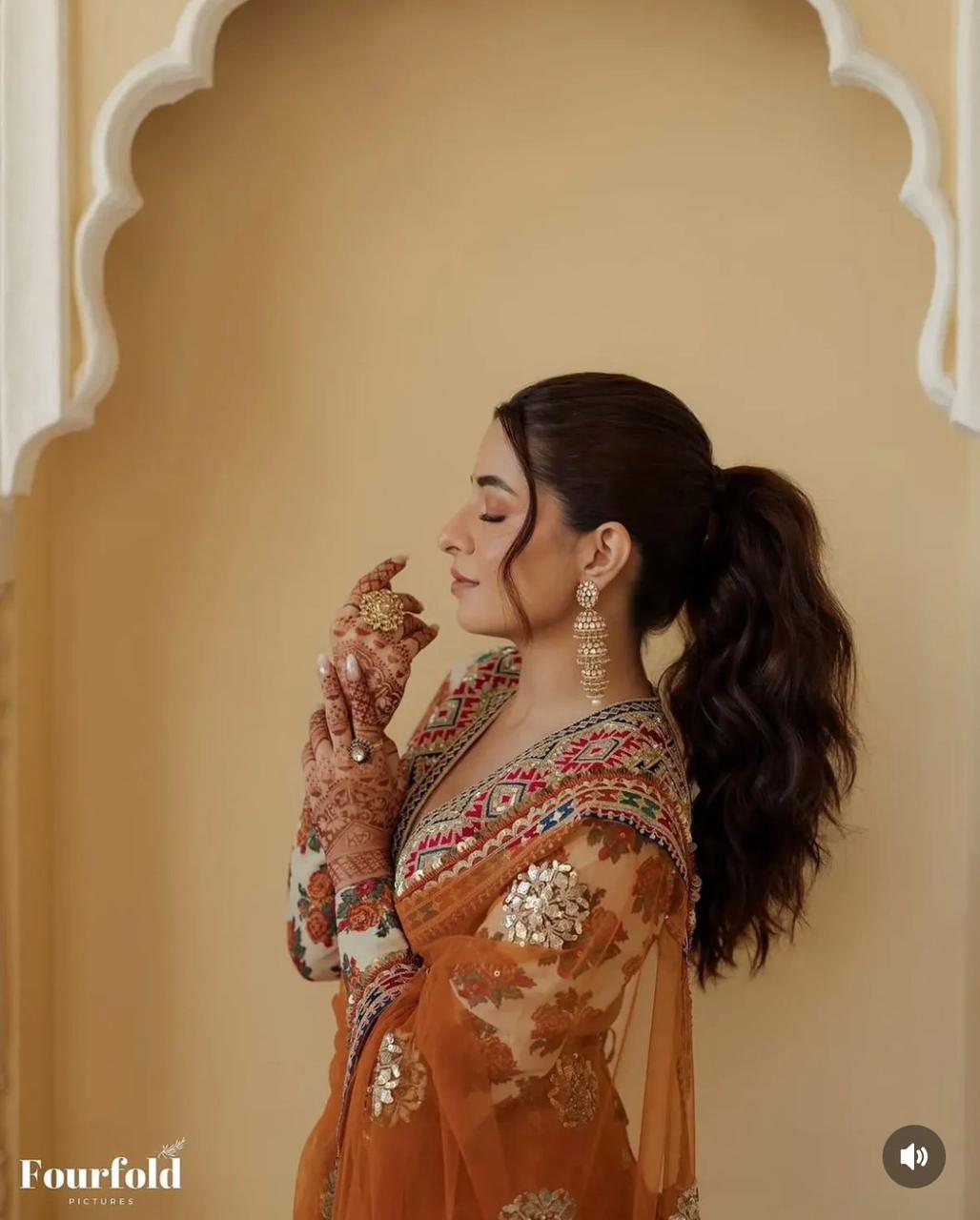 Rust Orange Net-Silk Embroidery Work Saree - Shopaholics Choice