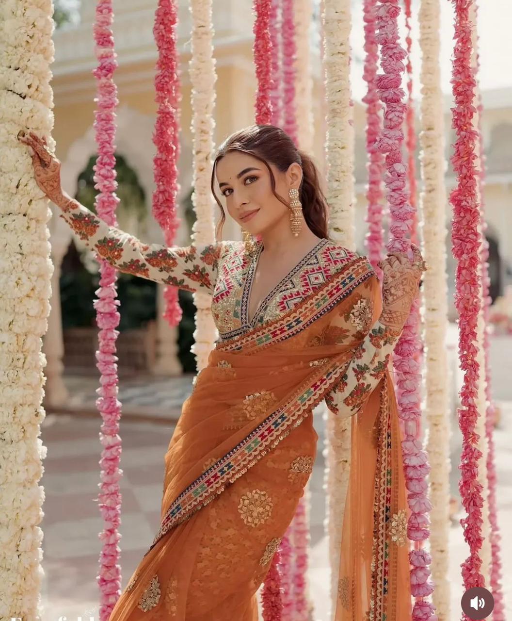 Rust Orange Net-Silk Embroidery Work Saree - Shopaholics Choice