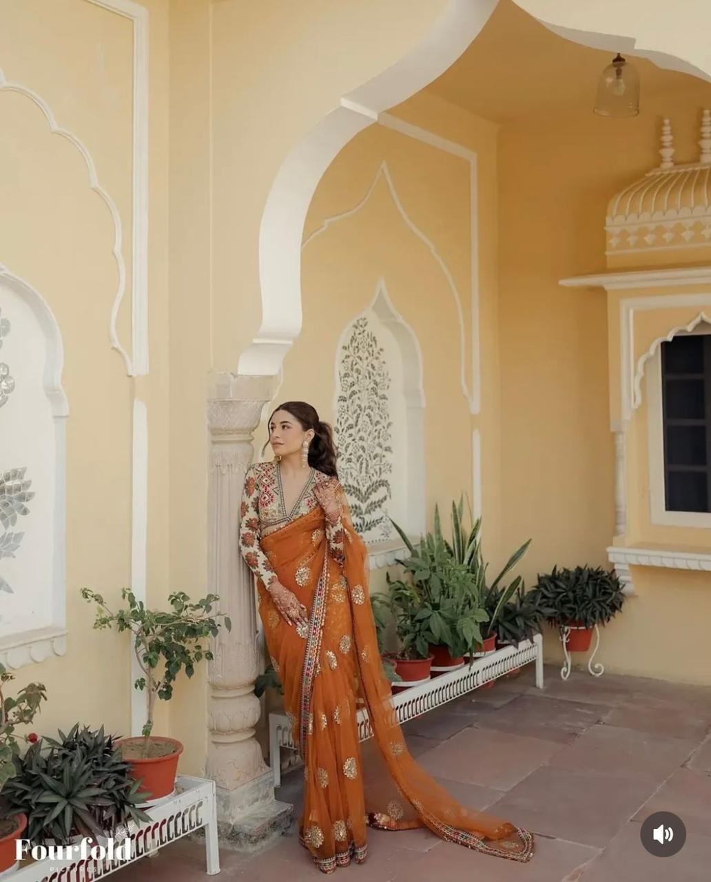 Rust Orange Net-Silk Embroidery Work Saree - Shopaholics Choice
