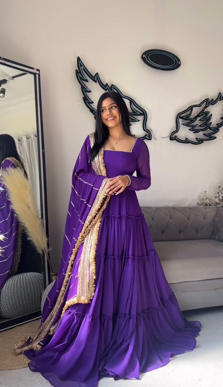 Violet Faux Georgette Ruffle Anarkali Gown - Shopaholics Choice