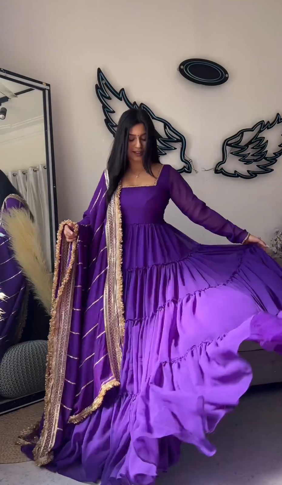 Violet Faux Georgette Ruffle Anarkali Gown - Shopaholics Choice