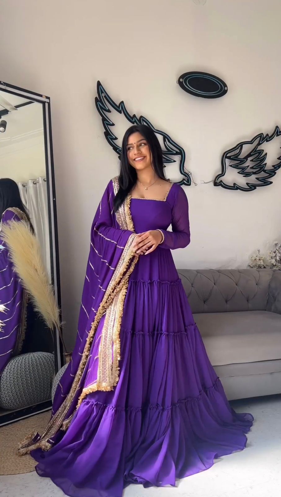 Violet Faux Georgette Ruffle Anarkali Gown - Shopaholics Choice