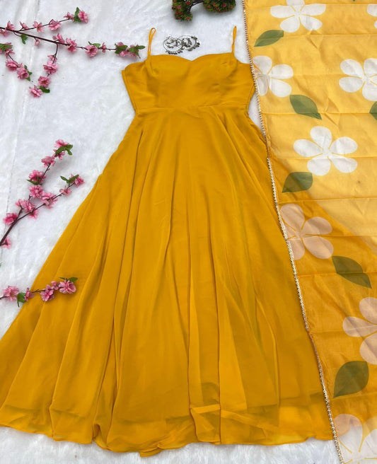 Solid Colour Faux Georgette Heavy Flared Anarkali Gown