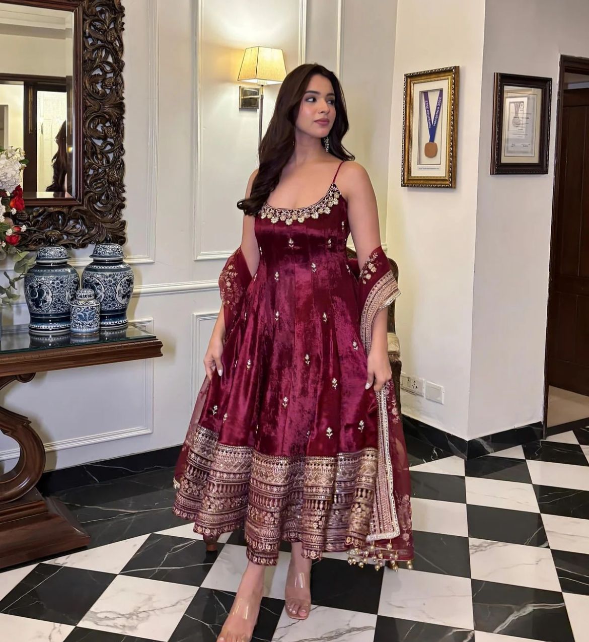 Wine Vichitra Silk Embroidery Sequins Work Anarkali Suit - Shopaholics Choice
