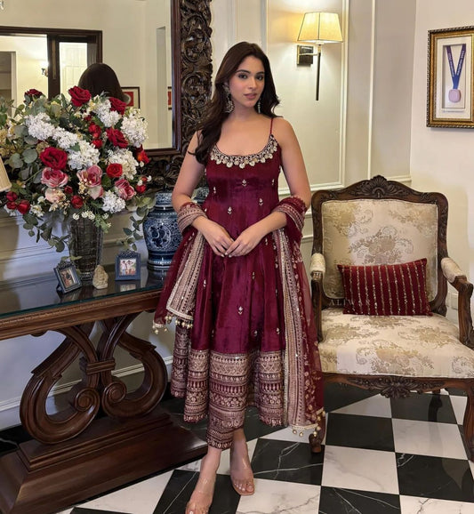 Wine Vichitra Silk Embroidery Sequins Work Anarkali Suit - Shopaholics Choice