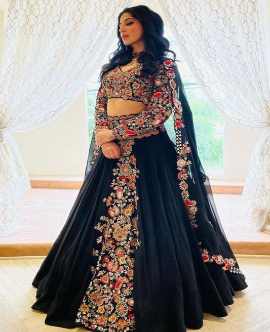 Black Faux Georgette Embro Lehnga