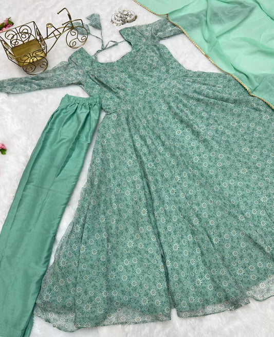 Dusky Green Soft Chiffon Floral Flared Anarkali
