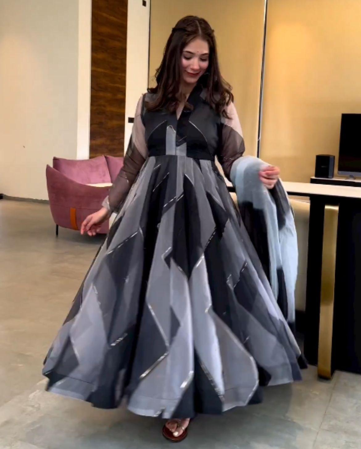 Grey-Black Tabby Organza Zigzag Anarkali