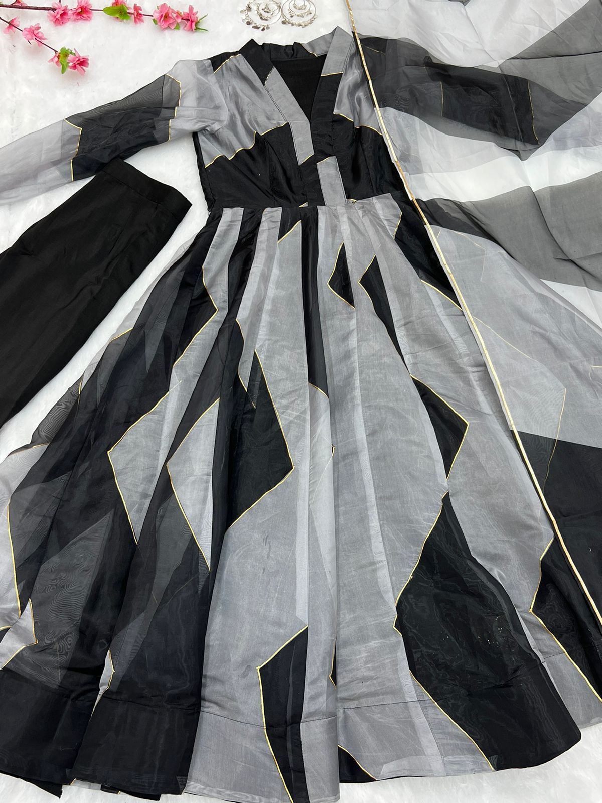 Grey-Black Tabby Organza Zigzag Anarkali