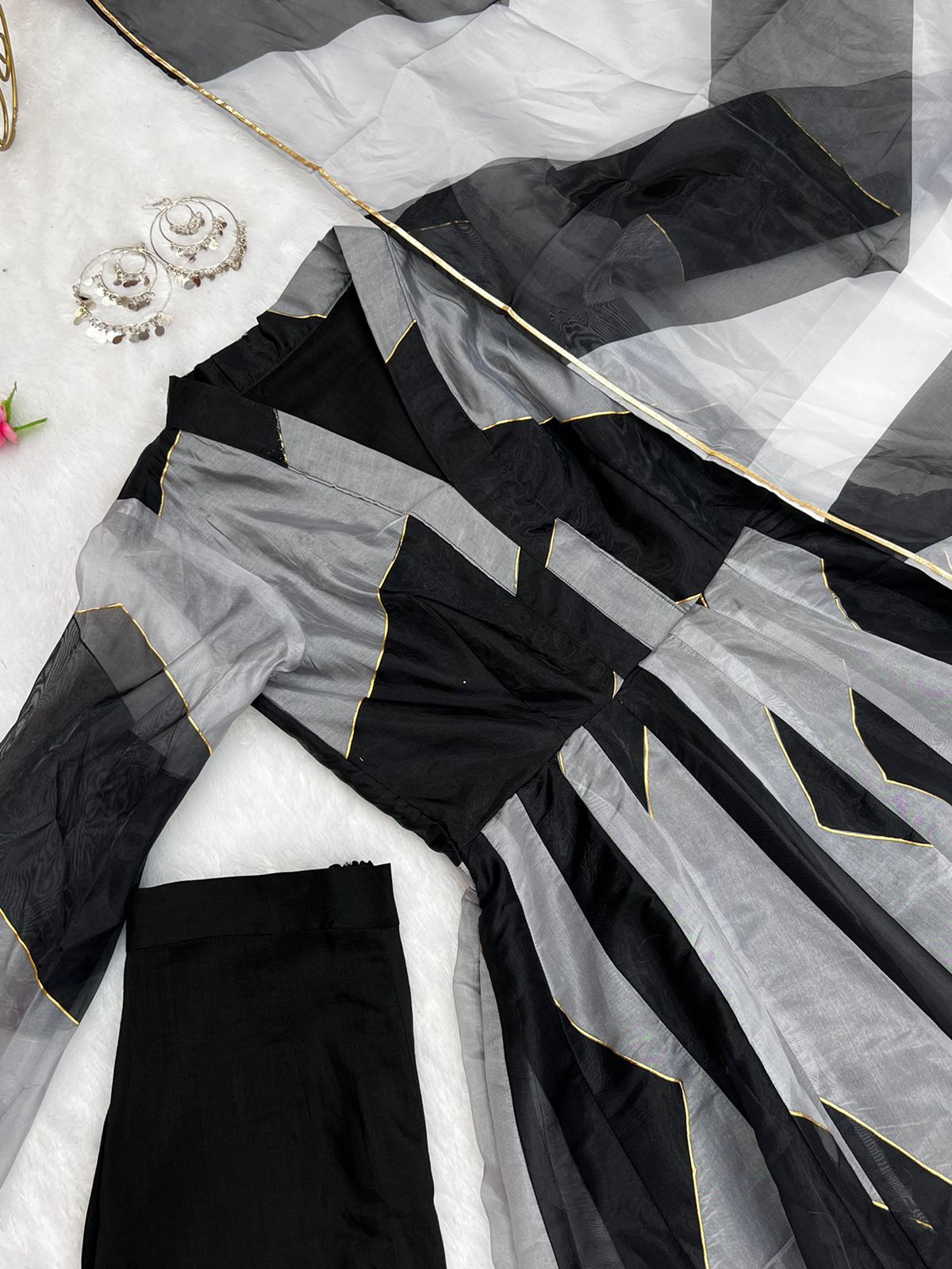 Grey-Black Tabby Organza Zigzag Anarkali