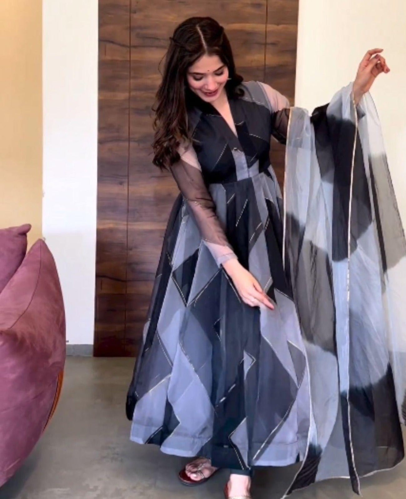 Grey-Black Tabby Organza Zigzag Anarkali