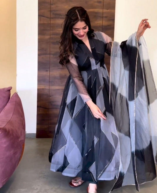 Grey-Black Tabby Organza Zigzag Anarkali