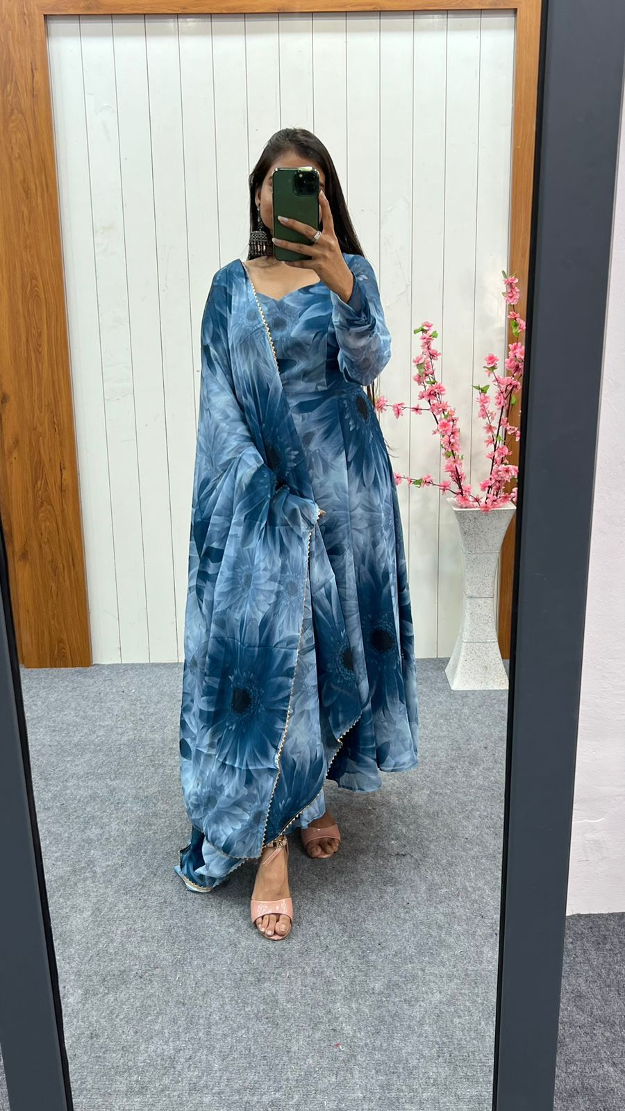 Prussian Blue Chiffon Floral Suit