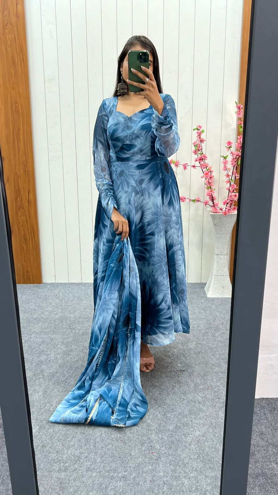 Prussian Blue Chiffon Floral Suit