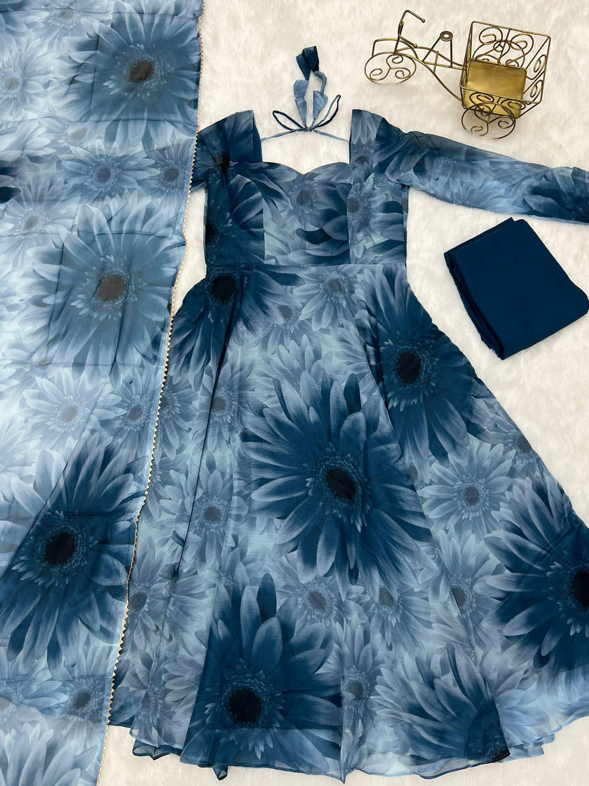 Prussian Blue Chiffon Floral Suit