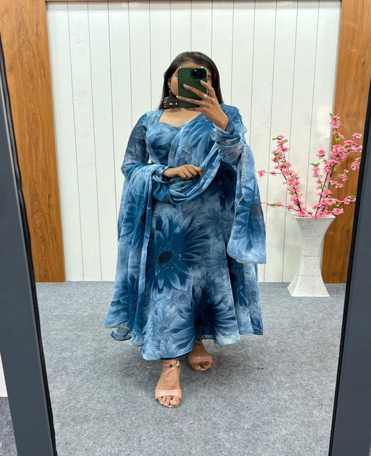 Prussian Blue Chiffon Floral Suit