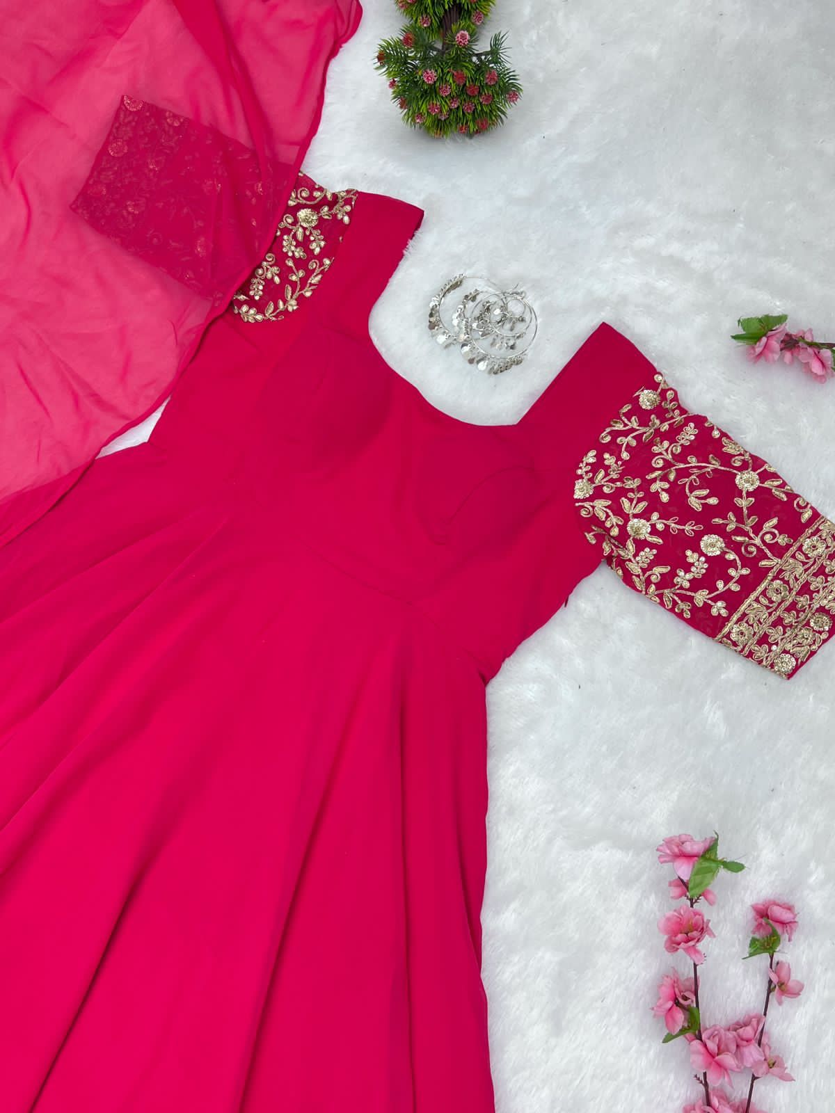 RaniPink Faux Georgette Embroidery Sleeves Suit