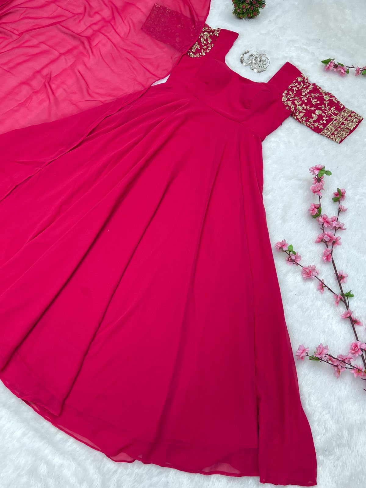 RaniPink Faux Georgette Embroidery Sleeves Suit