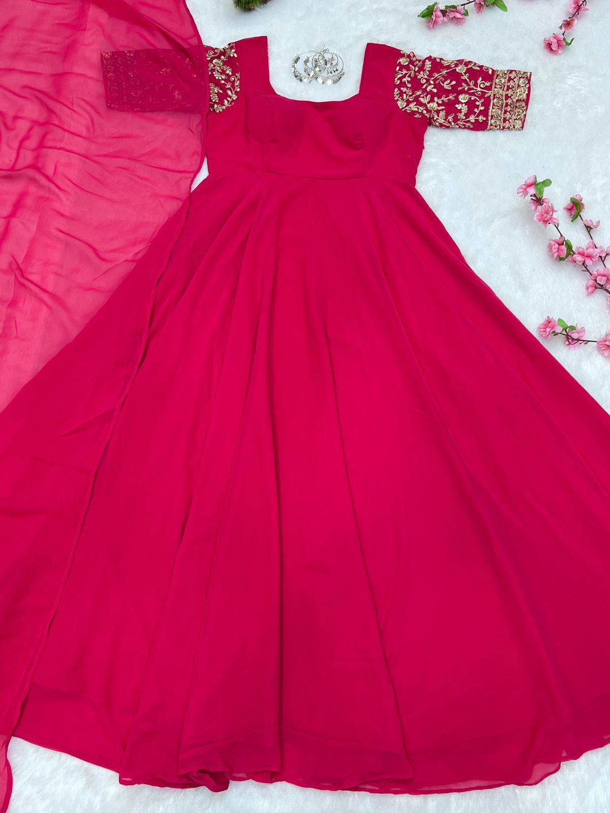RaniPink Faux Georgette Embroidery Sleeves Suit