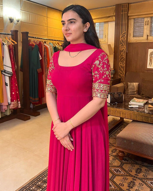 RaniPink Faux Georgette Embroidery Sleeves Suit